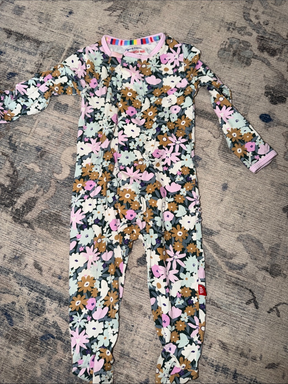 Magnetic Me Floral Footed Romper - Pink, Brown, Cream